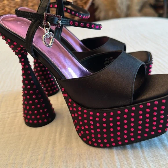 New Dolls Kill Kiss Me Goodnight Satin Platform Heels - Picture 13 of 15